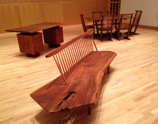 Coinoid Bench; Dining Room Table and 6 chairs; Desk Walnut and hickory; walnut, rosewood, and hickory; walnut and metal 1983; 1984 Collection of Morikami Museum